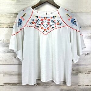 Hailey &‎ Co Womens White Floral Embroidered Flare Slv Boho A Line Shirt Size S